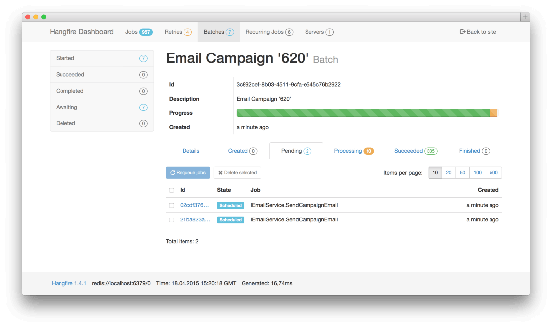 Screenshot of batching tasks in Hangfire