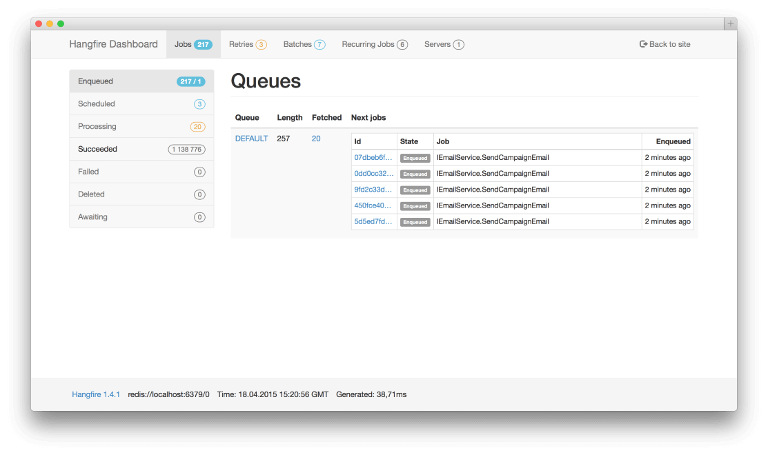 Screenshot of queues in Hangfire