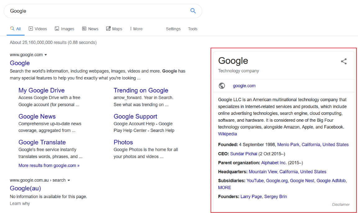 Google Search Details Pane